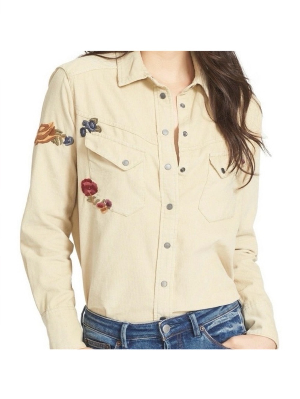 Free People Harley Floral Embroidered Corduroy Western Button Down Shirt Women M